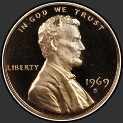 аверс 1¢ (пенни) 1969 "США - 1 Cent / 1969 - S Доказ"