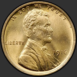 аверс 1¢ (пенни) 1916 "USA - 1 Cent / 1916 - Lincoln Cents, Wheat Reverse 1916"