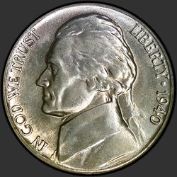 аверс 5¢ (nickel) 1940 "EUA - 5 cêntimos / 1940 - P"