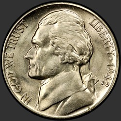 аверс 5¢ (nickel) 1942 "EUA - 5 cêntimos / 1942 - D"