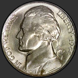 аверс 5¢ (никель) 1944 "USA - 5 Cents / 1944 - Jefferson Five Cent 1944"