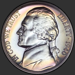 аверс 5¢ (nickel) 1940 "الولايات المتحدة الأمريكية - 5 سنت / 1940 - { "_": "والدليل"}"
