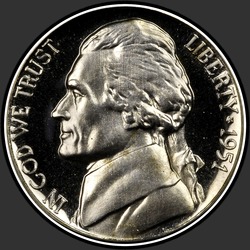 аверс 5¢ (nickel) 1951 "미국 - 5 센트 / 1951 - 증거"