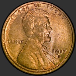 аверс 1¢ (пенни) 1917 "USA - 1 Cent / 1917 - Lincoln Cents, Wheat Reverse 1917"