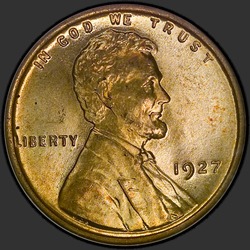 аверс 1¢ (penny) 1927 "USA - 1 Cent / 1927 - Lincoln Cents, Wheat Reverse 1927"