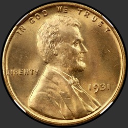 аверс 1¢ (penny) 1931 "USA - 1 Cent / 1931 - Lincoln Cents, Wheat Reverse 1931"