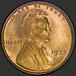 аверс 1¢ (пенни) 1933 "USA - 1 Cent / 1933 - Lincoln Cents, Wheat Reverse 1933"