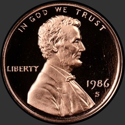 аверс 1¢ (penny) 1986 "EUA - 1 Cent / 1986 - S Proof"