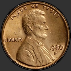 аверс 1¢ (пенни) 1980 "США - 1 Cent / 1980 - D"