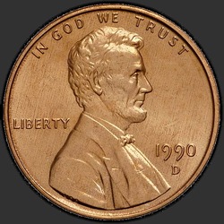 аверс 1¢ (penny) 1990 "الولايات المتحدة الأمريكية - 1 سنت / 1990 - D"