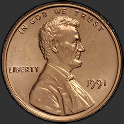 аверс 1¢ (пенни) 1991 "США - 1 Cent / 1991 - P"