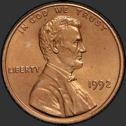 аверс 1¢ (penny) 1992 "USA  -  1セント/ 1992  -  P"