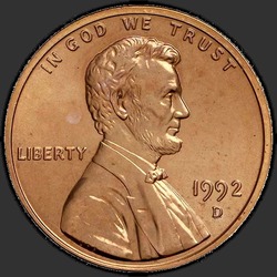 аверс 1¢ (penny) 1992 "संयुक्त राज्य अमरीका - 1 प्रतिशत / 1992 - डी"