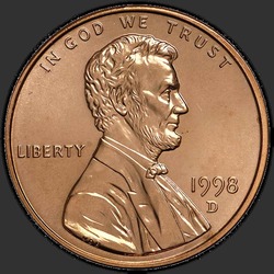 аверс 1¢ (penny) 1998 "미국 - 1 센트 / 1998 - D"