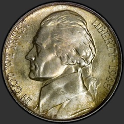 аверс 5¢ (никель) 1945 "USA - 5 Cents / 1945 - Jefferson Five Cent 1945"