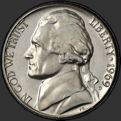аверс 5¢ (nickel) 1969 "EUA - 5 cêntimos / 1969 - D"