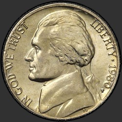 аверс 5¢ (nickel) 1980 "الولايات المتحدة الأمريكية - 5 سنت / 1980 - P"