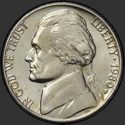 аверс 5¢ (nickel) 1980 "EUA - 5 cêntimos / 1980 - D"