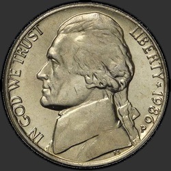 аверс 5¢ (nickel) 1986 "EUA - 5 cêntimos / 1986 - P"