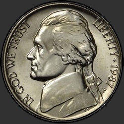 аверс 5¢ (nickel) 1987 "미국 - 5 센트 / 1987 - P"