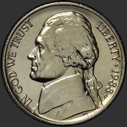 аверс 5¢ (nickel) 1988 "EUA - 5 cêntimos / 1988 - P"