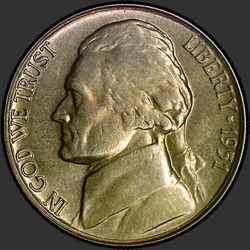 аверс 5¢ (никель) 1951 "USA - 5 Cents / 1951 - P"