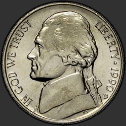 аверс 5¢ (nickel) 1990 "الولايات المتحدة الأمريكية - 5 سنت / 1990 - D"