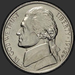 аверс 5¢ (nickel) 1992 "EUA - 5 cêntimos / 1992 - P"