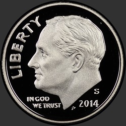 аверс 10¢ (dime) 2014 "Roosevelt, 10 ¢ / 2014 / Silver"