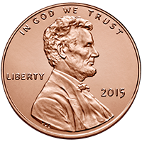 аверс 1¢ (penny) 2015 "संयुक्त राज्य अमरीका - 1 प्रतिशत / 2015 - लिंकन सेंट, दो सौ साल और शील्ड रिवर्स 2015 / पी"