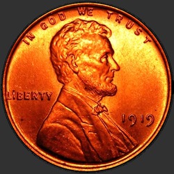 аверс 1¢ (пенни) 1919 "USA - 1 Cent / 1919 - Lincoln Cents, Wheat Reverse 1919"