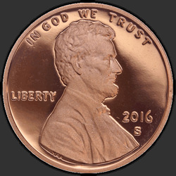 аверс 1¢ (penny) 2016 "링컨 ¢ 1, 2016 / S"
