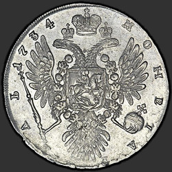 аверс 1 rubel 1734 "1 rubel 1734 "TYPE 1734". Stort huvud. Cross Crown aktier inskription. Datum kvar av kronan"