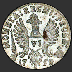 аверс 6 groszy 1759 "6 penniä vuonna 1759. "ELISAB ... RVSS". Käänteinen "... PRUSSIAE""