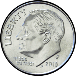 аверс 10¢ (дайм) 2016 "Рузвельт, 10¢ / 2016 / P"