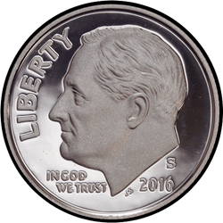 аверс 10¢ (дайм) 2016 "Рузвельт, 10 ¢ / 2016 / S Proof"