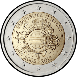 аверс 2€ 2012 "10年間のユーロ紙幣と硬貨"