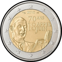 аверс 2€ 2010 "70-річчя апеляції Шарля де Голля "Усім французам" 18 червня 1940 року"