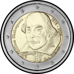 аверс 2€ 2016 "400 ans depuis la mort de William Shakespeare"