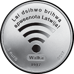 аверс 5€ 2017 "Läti ajutise rahvusnõukoguga 100 aastat"