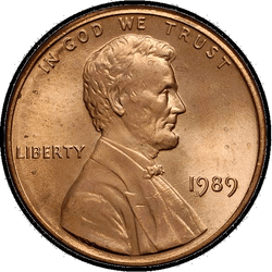 аверс 1¢ (penny) 1989 "EUA - 1 Cent / 1989 - S Proof"
