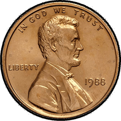 аверс 1¢ (пенни) 1988 "США - 1 Cent / 1988 - S PROOF"