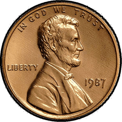 аверс 1¢ (пенни) 1987 "США - 1 Cent / 1987 - S PROOF"