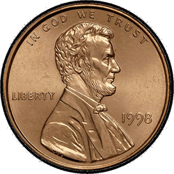 аверс 1¢ (пенни) 1998 "США - 1 Cent / 1998 - S PROOF"