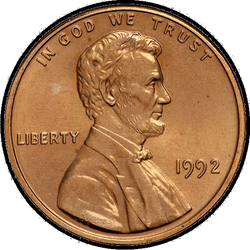 аверс 1¢ (penny) 1992 "미국 - 1 센트 / 1992 - 증거 S"