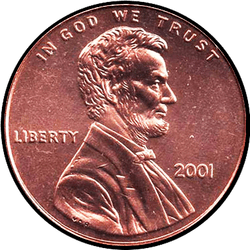 аверс 1¢ (penny) 2001 "الولايات المتحدة الأمريكية - 1 سنت / 2001 - P"