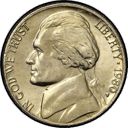 аверс 5¢ (nickel) 1980 "الولايات المتحدة الأمريكية - 5 سنت / 1980 - S الدليل"