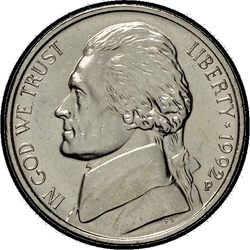 аверс 5¢ (nickel) 1992 "미국 - 5 센트 / 1992 - S 증명"