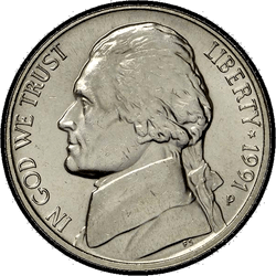 аверс 5¢ (nickel) 1991 "USA - 5 centów / 1991 - S Dowód"
