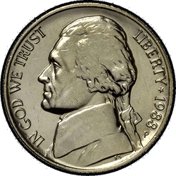 аверс 5¢ (nickel) 1988 "미국 - 5 센트 / 1988 - S 증명"